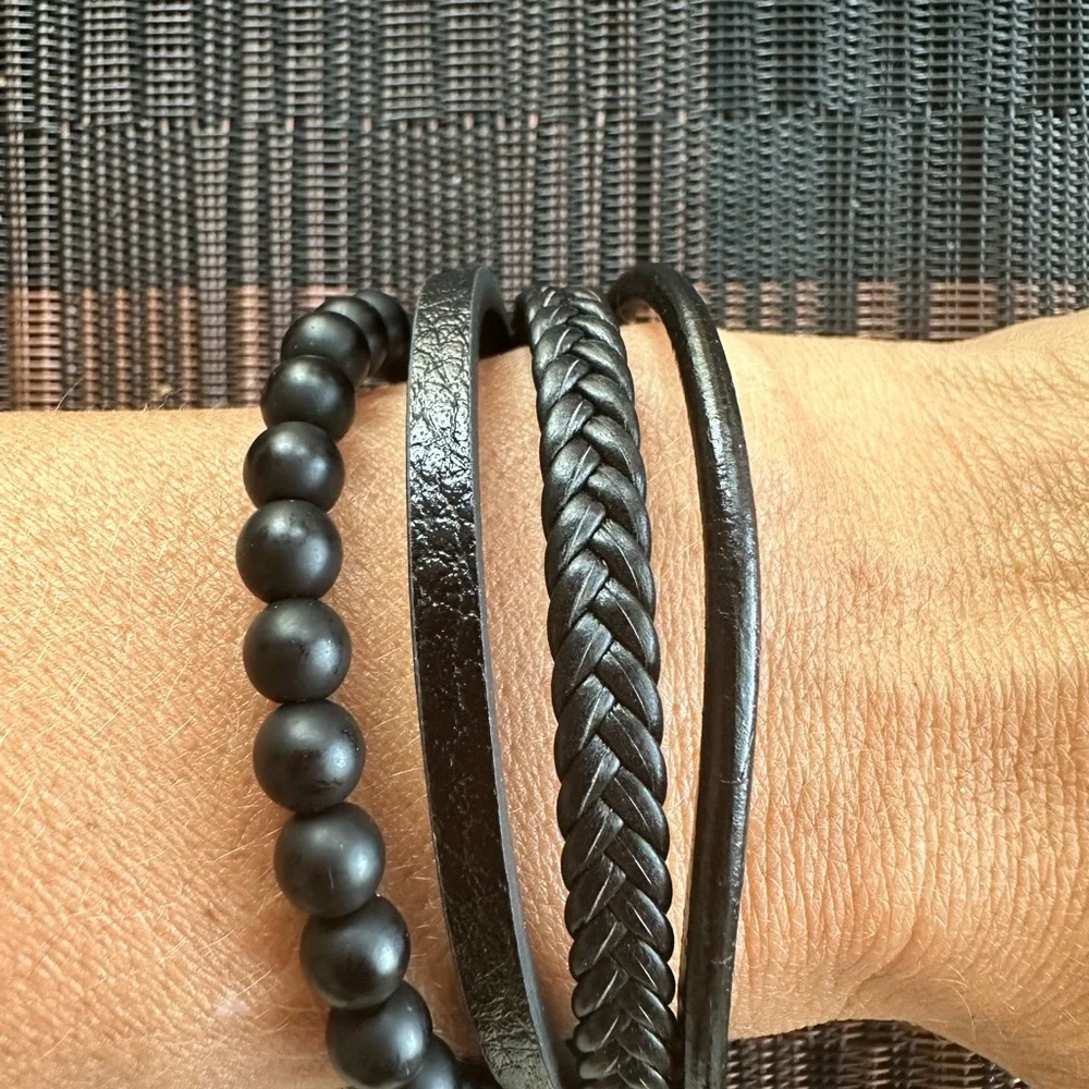 Men’s Multi layer Leather Stainless Steel Bracelet 9”